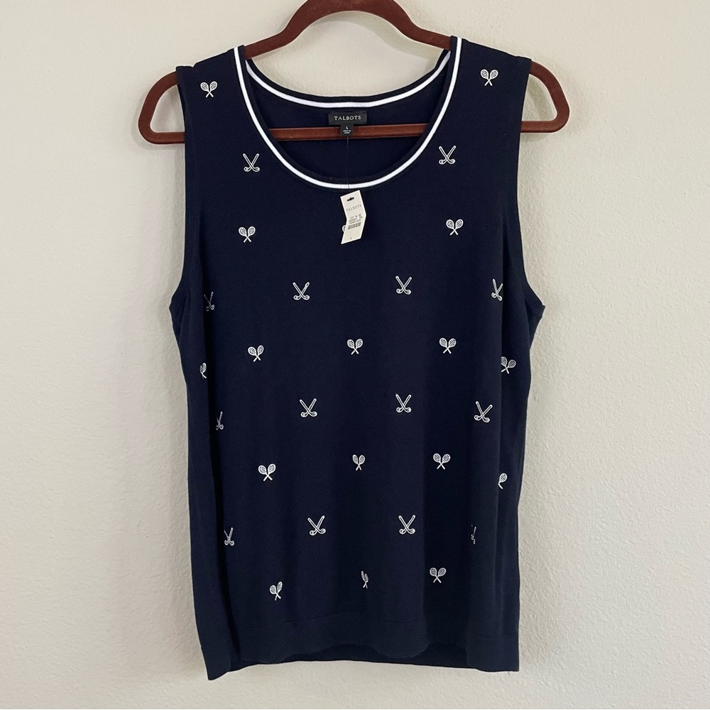NWT Talbots Tennis Racket Embroidery Sleeveless Top Navy Size Large